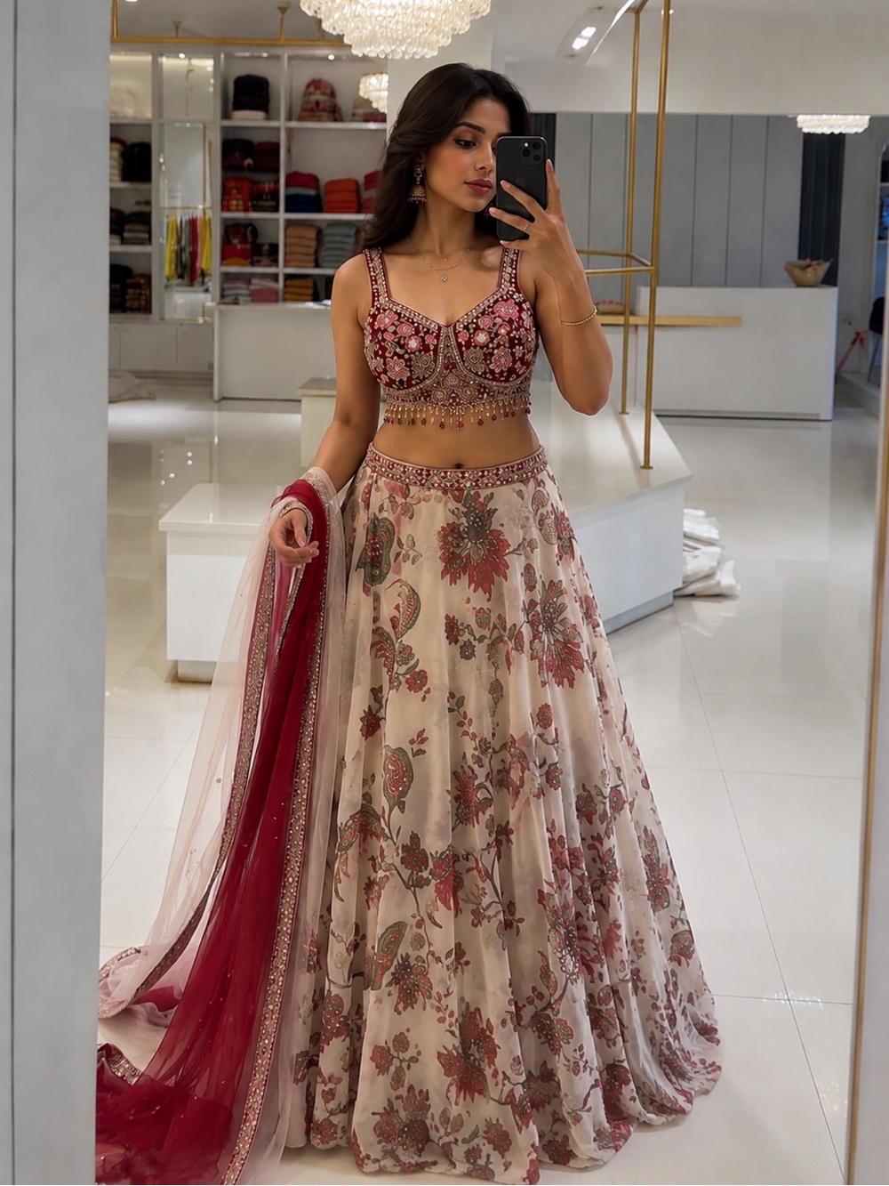 Red Floral Lehenga with Sequins and Embroidery